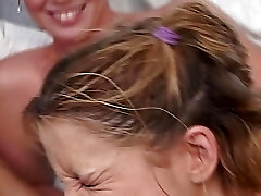 Sexy teen gets her tight fuck holes banged by a fellow and swallows cum while a MILF jerk with toys