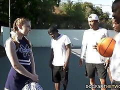 Standing on knees cheerleader Arietta Adams gives solid blowjobs