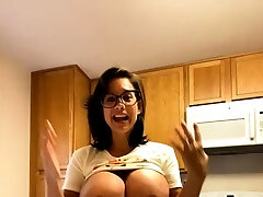 Busty curly brunette with big boobs fucks on couch