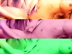 Tanned ladyboy with huge tits strips her dark-hued pants and