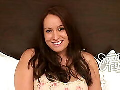 Brand new brunette teen with good-sized tits and a chubby ass sucks cock