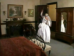 Blonde nice mounds bride sucks and fucks two rock hard schlongs in bed