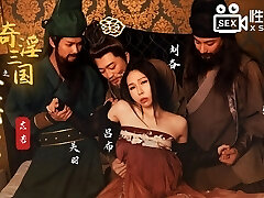 Busty hot Asian wifey with handsome cosplay dress have her first time group sex with three big spunk-pumps