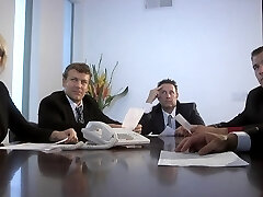 Busty redhead secretary mega-bitch deep-throats dicks in office orgy