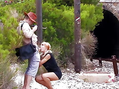 Horny German blonde giving her holes to a horny fucker at the beach