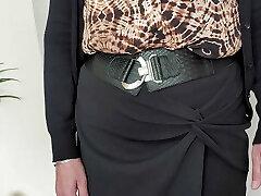 Going to work in a blouse, skirt ,stockings and heels. Ready for my younger boss to inspect my mature tits, ass and bald snatch.