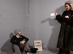 Lucky homeless man jerks off while watching Harli May strip