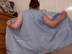 phat breasts wife striptease in pale blue apron
