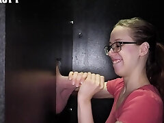 Gfs sharing a cock through a glory hole.