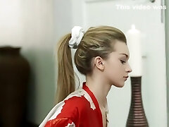 Flexible teen with small frame Sonya Jiggly bouncing on big trunk after yoga