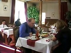 Public Restaurant Double Penetration in satin dress