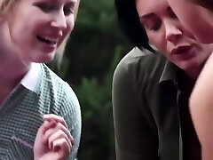 cockhungry cfnm babes give hand job outdoors