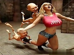 Two jokey goblins catch busty blonde