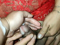 Cockslut in red eats her cum. Mistress loves to feed her superslut with white new and thick cum that just came out of his co