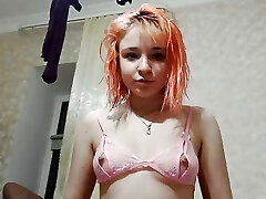 Daily homemade masturbation in pink beautiful lingerie and violent climax. Close-up