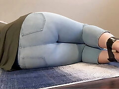 Tied up Girl Can't Hold it Anymore Pees in Light Jeans