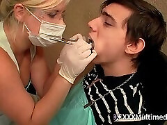 Dental Hygenist Wearing Latex Gloves and Mask Makes Patiend Cum From Hand Job