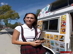 Brunette petite student Teen with petite tits has car sex