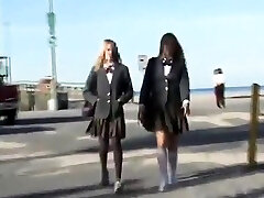 Blonde fumbled on-bus by asian