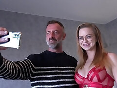 Redhead glasses wearing Joy in hot mmf threesome action