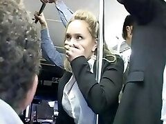 Horny blond groped to multiple ejaculation on bus & fucked