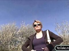 Eurobabe Meggie pussy wedged in public and cum facialed
