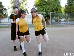Sexy football gals are fucked and jizzed by horny coach with monstrous cock