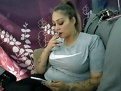 Sexy Big Funbag Latina Smokes and Sucks Schlong with Funny Facial