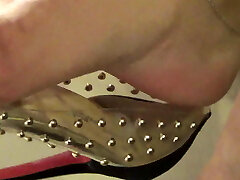 Mature feet heavy-breathing and sweaty in transparent shoes