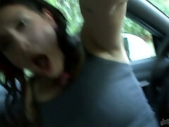 Kinky brunette nymphomaniac with fat nose fingers her soaking cunt in the car