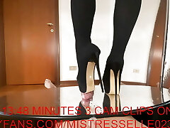 Mistress Elle in high heels thigh boots pulverize her slaves cock
