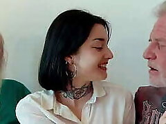 Young brunette has threesome with elderly men and she gulps cum