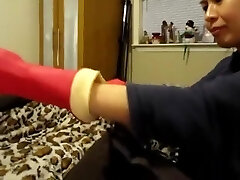 Asian Femdom Red Rubber Glove Masturbating