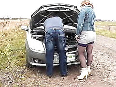 Public fuck-a-thon. Random passerby helped to repair truck Frina and fucked her doggy style on auto hood. Fuckslut. Slut. Outdoor. Outside. In public. Casual sex stunning Milf