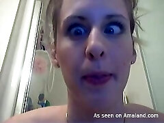 Slender woman with juicy titties takes a shower and masturbates there