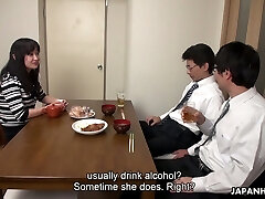 Too tired hubby falls asleep while his colleague ravages his wife Risa Kurokawa