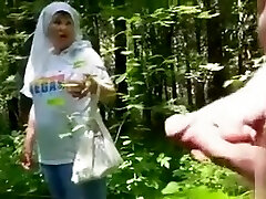Nude in the forest and milking off to a mushroom picker