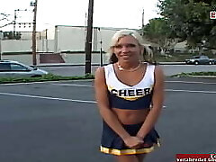Petite blonde cheerleader teen pick up for bang-out in a camper