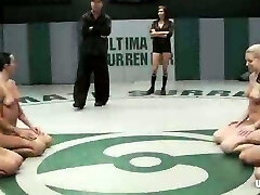 Four sexy chicks in bikini wrestle and finger muffs