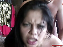 Black haired super-bitch with big natural bumpers gets a boob cumshot