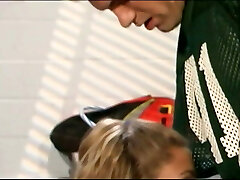 Blond teen cheerleader sucks jock&rsquo;s cock in locker bedroom, then gets fucked