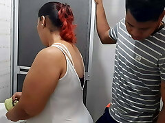 I interrupt while she washes the bathroom to paw her delicious cunt