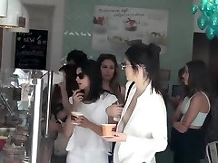 Smoking hot celeb walks around in a flimsy shirt and tight pants