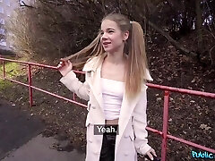 Slender Teen With Ponytails Satisfies a Stranger With Outdoor Blowage And Lets Him Fuck Her In a Hallway