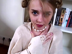 Cosplay wife gives ahegao suck off and takes jizz shots on small tits POV video