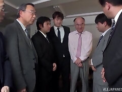 Busty Asian slut gets gang plowed by horny businessmen