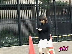 Small tempting oriental chick flashes her blue undies in hot sharking flick