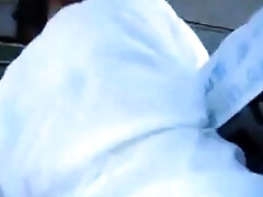 Freaky man and his asian girl on a bus having romp