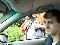 Hot grandma takes dual penetration outdoors