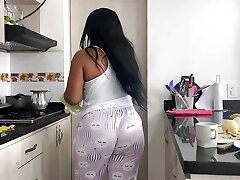 MILF stepmom likes making breakfast and fucking her big cock sonny.